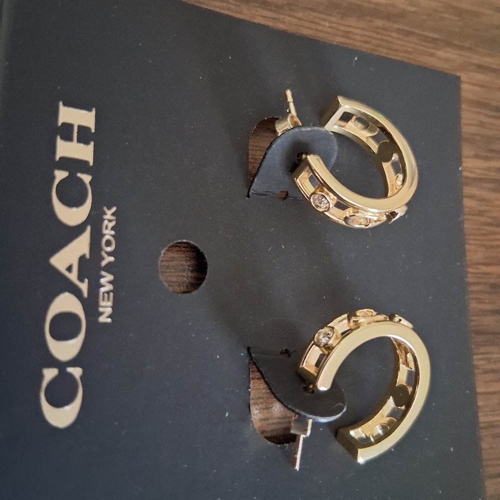 Coach Gold Embellished Signature "C" Logo Hoop Earrings With Crystal Accents NWT - Picture 6 of 10